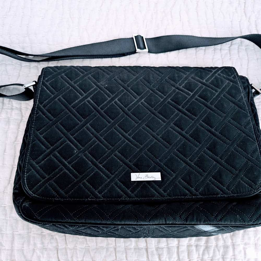 Black Quilted Messenger Bag with Textured Fabric